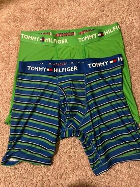 Tommy Hilfiger Green Solid + Blue & Green Striped Boxer Briefs - 2-Pack